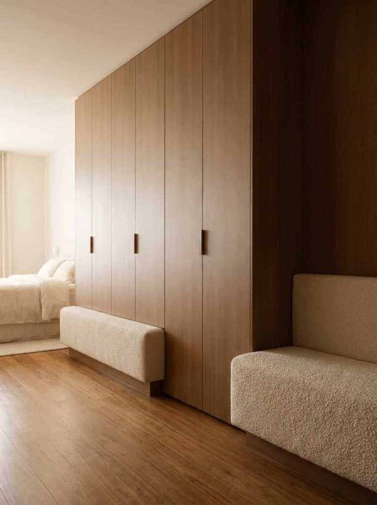 A built-in bedroom wardrobe with a low upholstered bench integrated at the base, full width. 