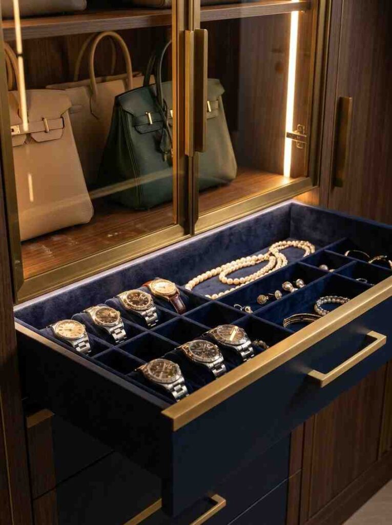 Inside a luxury wardrobe — a close-up of an open drawer with navy velvet lining holding a watch collection and pearl jewellery