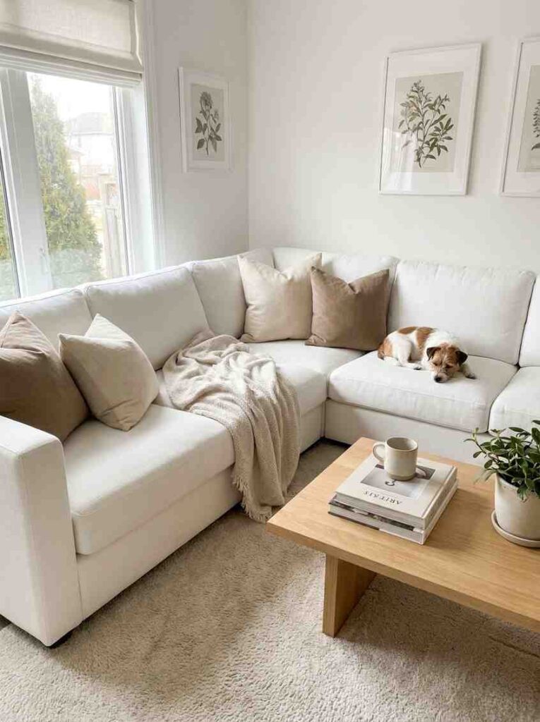 Clean modern white living room with a white sectional sofa,