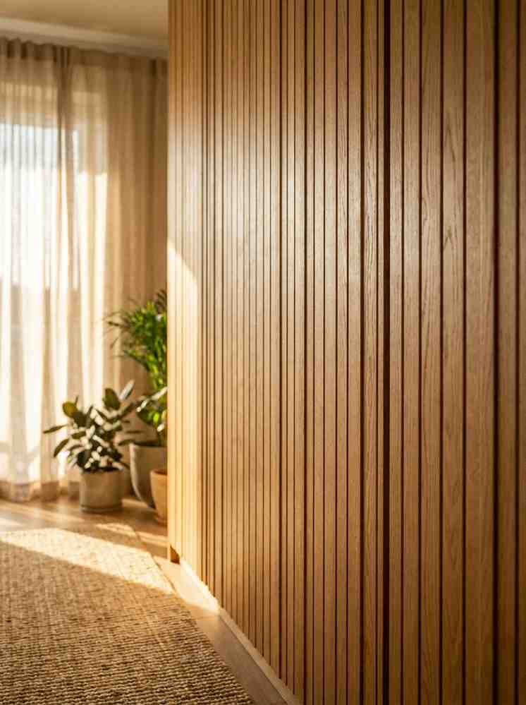 A warm wooden wardrobe with vertical fluted oak panel doors, floor-to-ceiling, matte oil finish. 