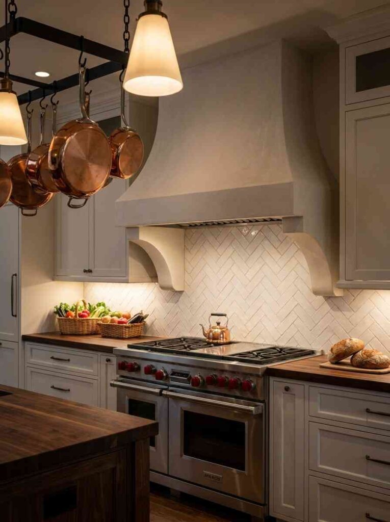 Kitchen Design Ideas 2026 luxury kitchen centred on a powerful stainless steel dual-fuel range with signature red knobs