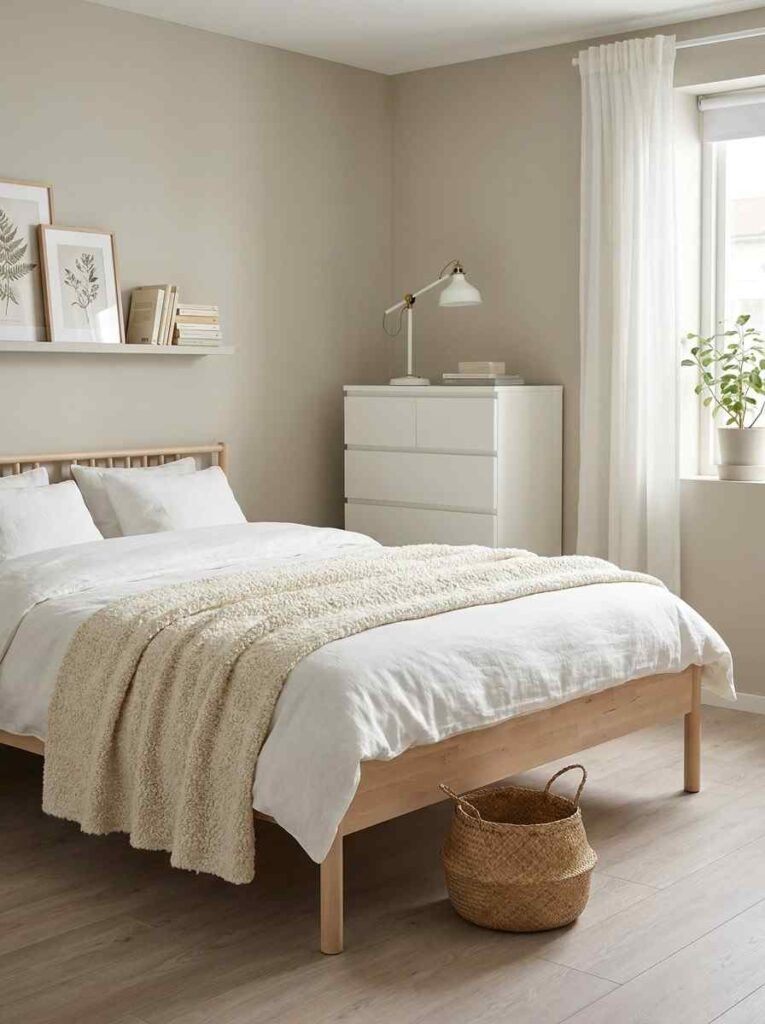  A cozy budget-friendly neutral bedroom with an IKEA GJORA natural wood bed, white MALM dresser,