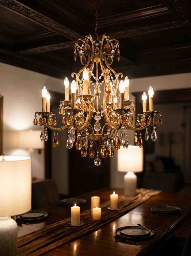 Antique chandelier above dining 202607090057