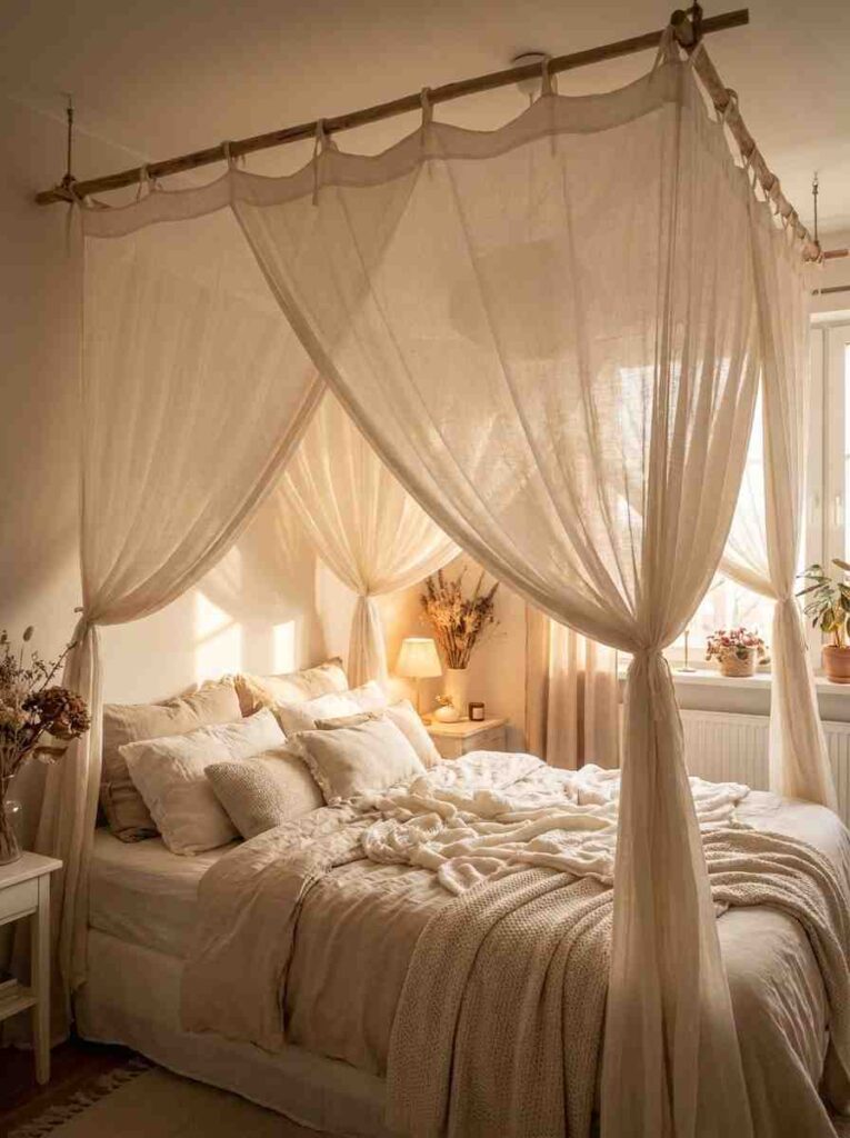 Bed with sheer linen canopy 202607051855
