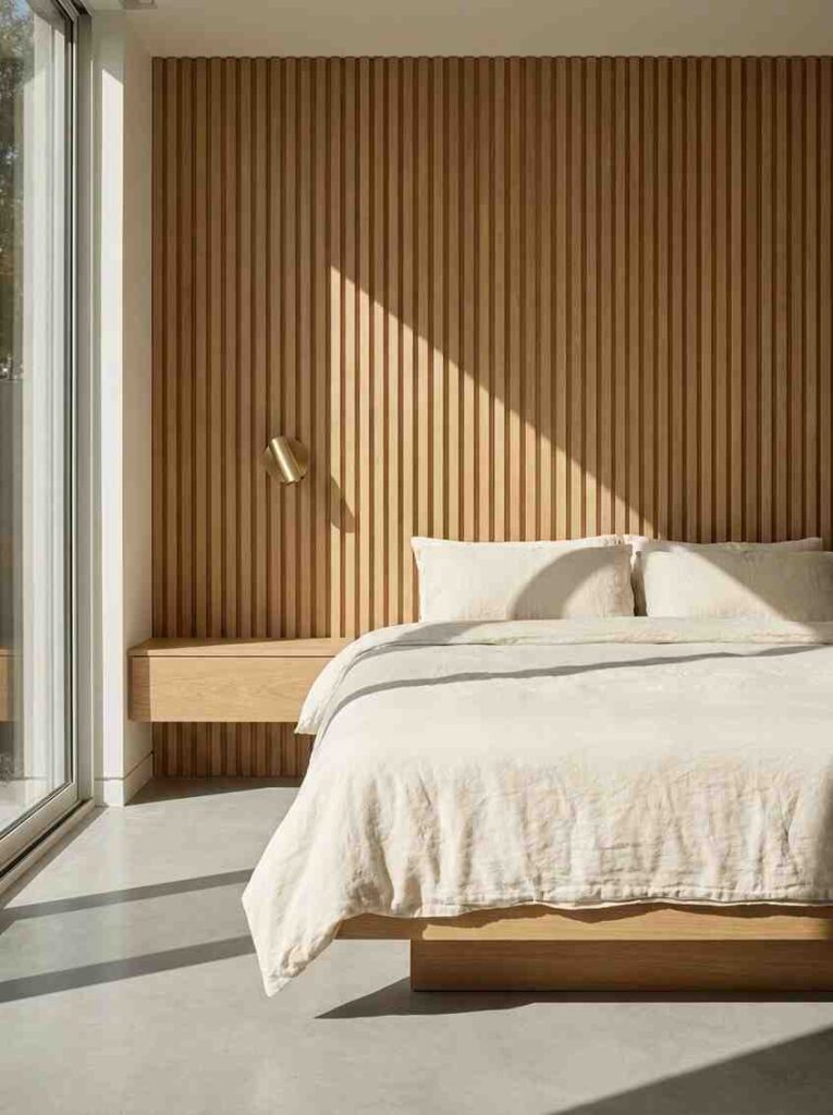 Bedroom with wood slat wall 202607062310