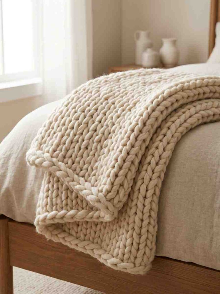 Chunky cream knit blanket draped 202607051855
