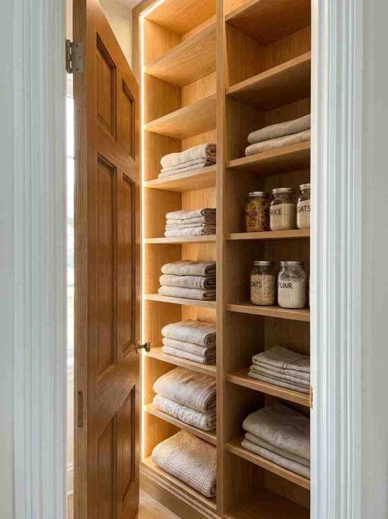 Closet pantry with oak shelving 202607111348