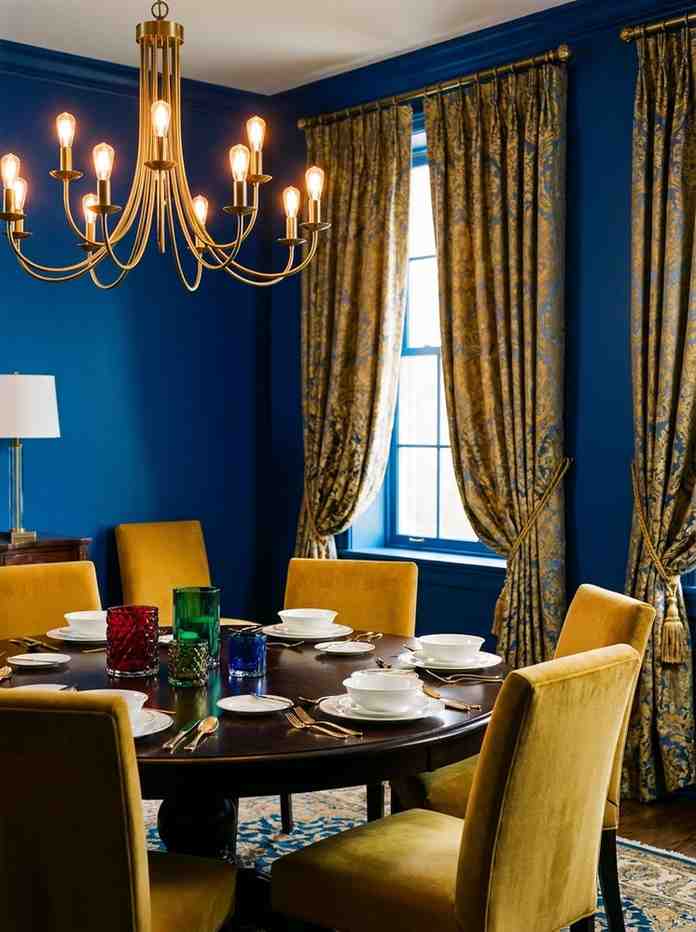 Dining room with blue walls 202607090057