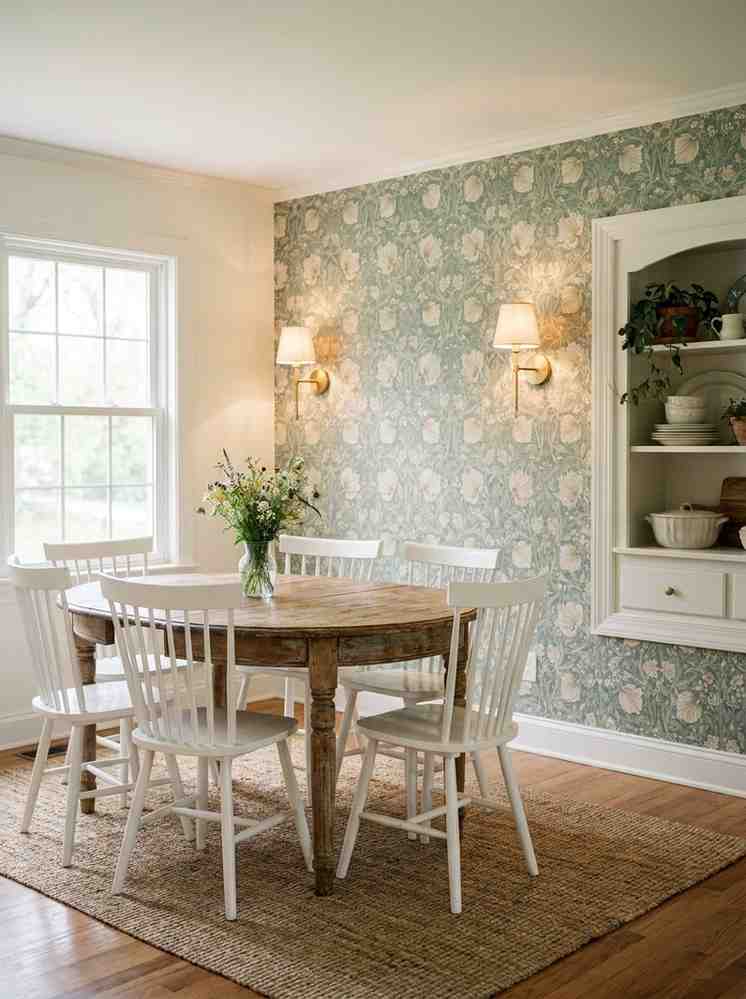 Dining room with floral wallpaper 202607090057
