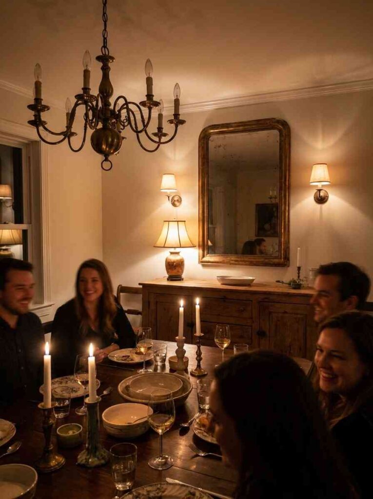 Dining room with layered lighting 202607090057
