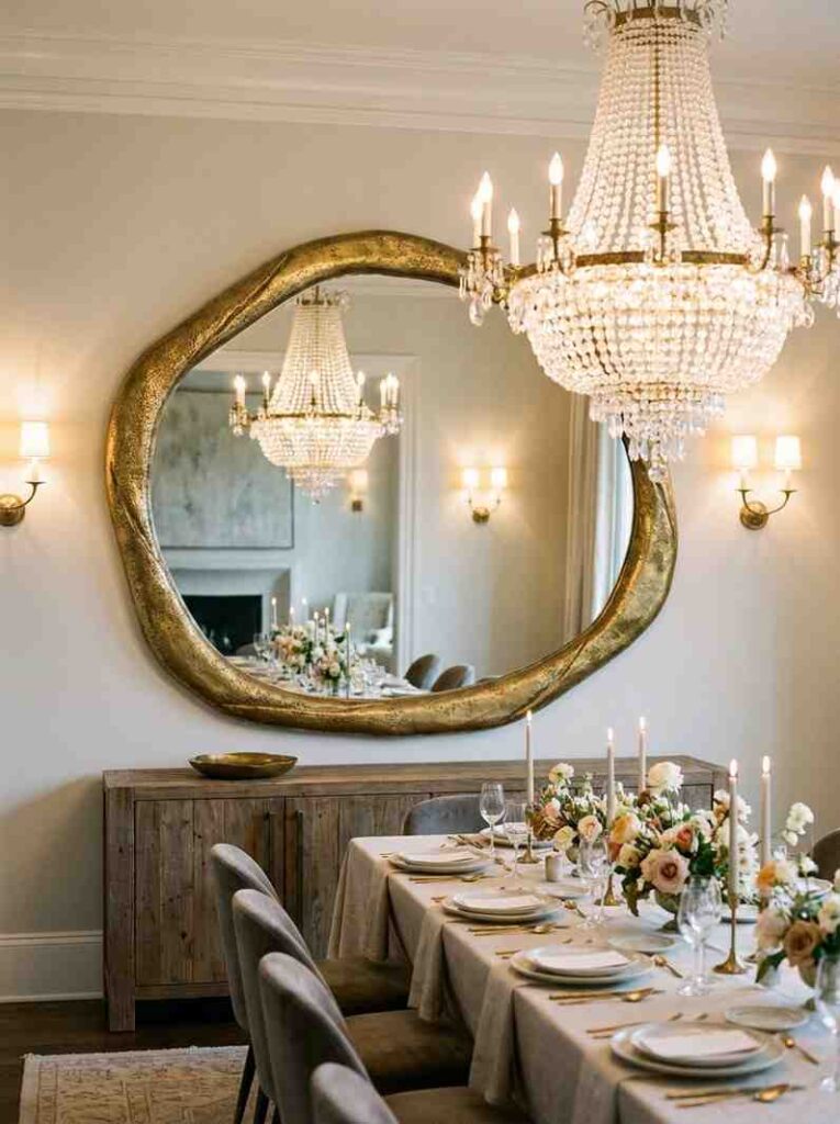 Dining room with sculptural mirror 202607090057