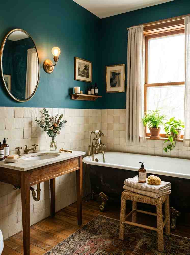 Eclectic bathroom with teal walls 202607221649