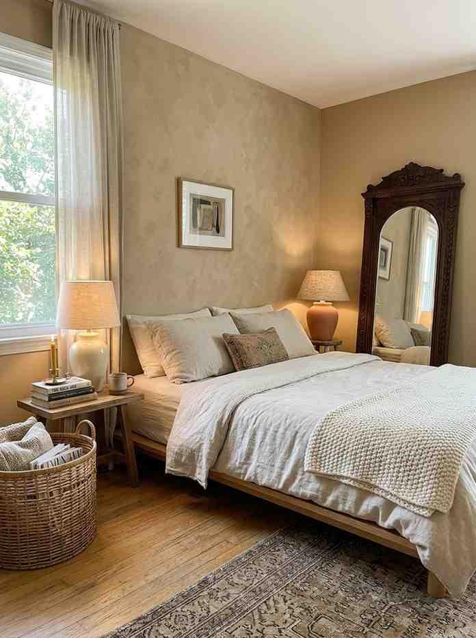 Eclectic bedroom with limewash wall 202607221649