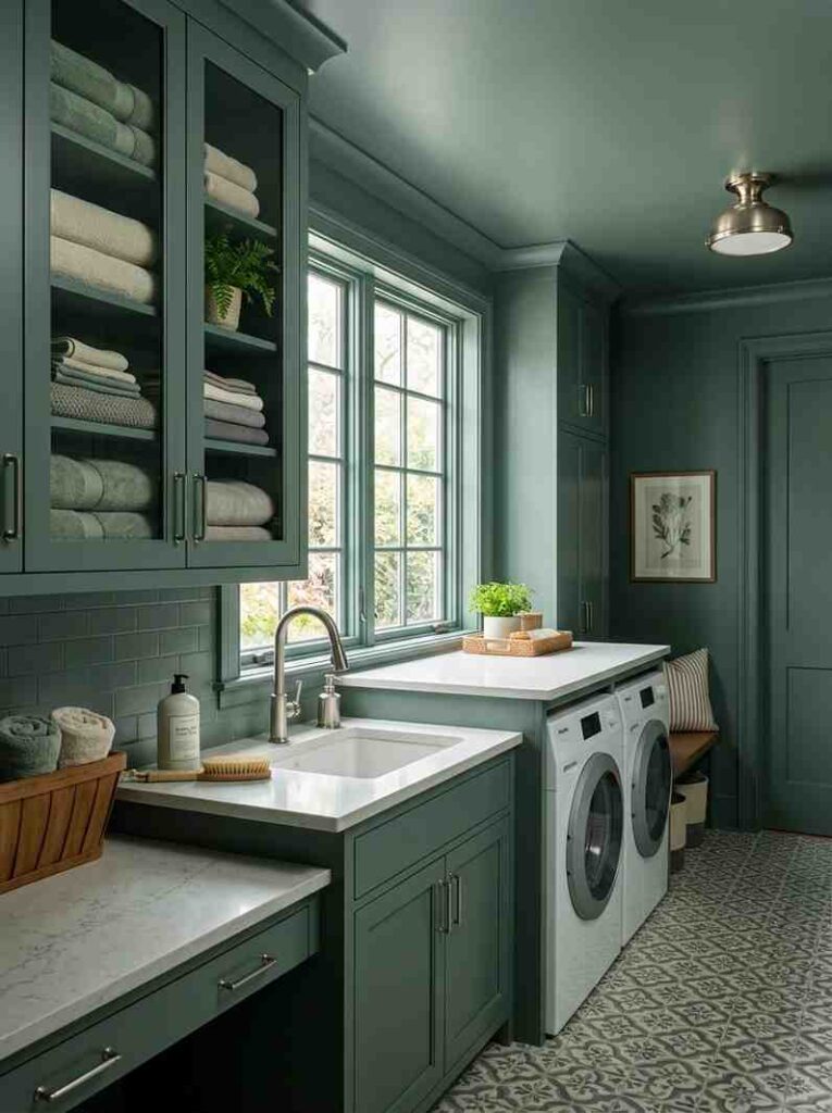 Elegant laundry room smoky jade 202607160005