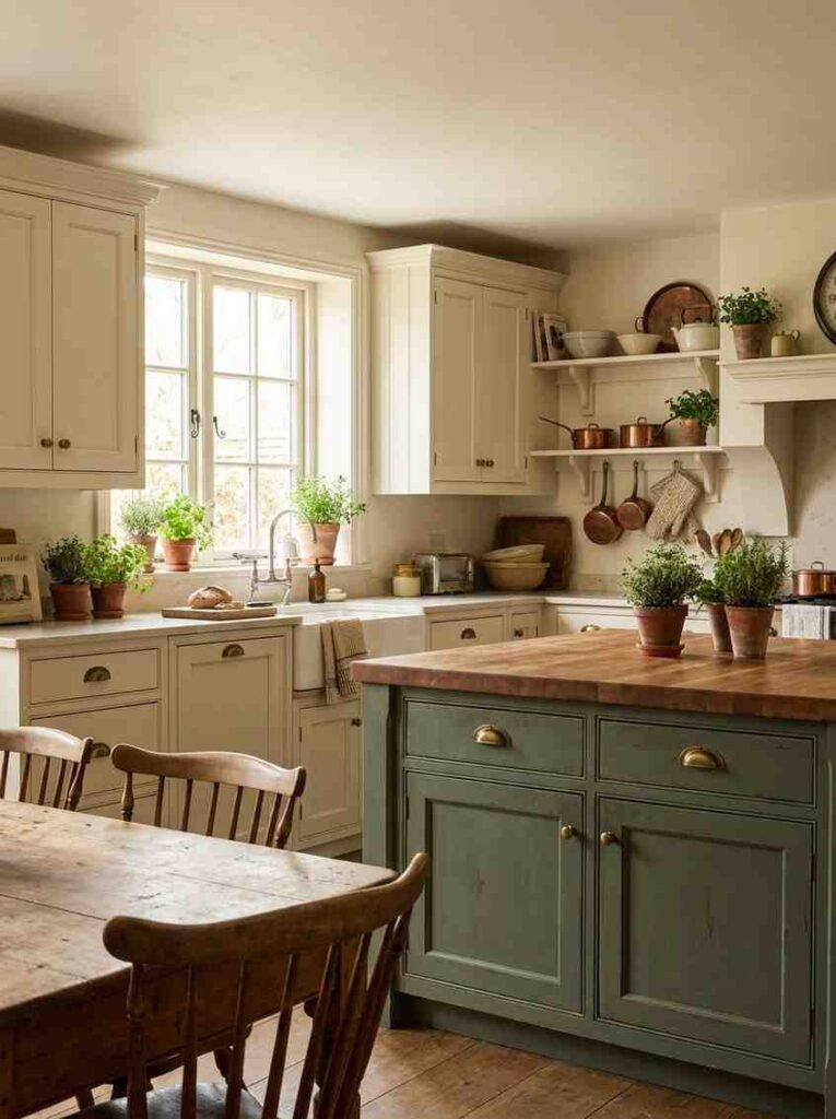 Farmhouse kitchen with green island 202607071158