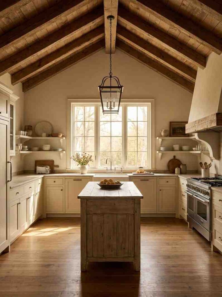 Farmhouse kitchen with wood beams 202607071158