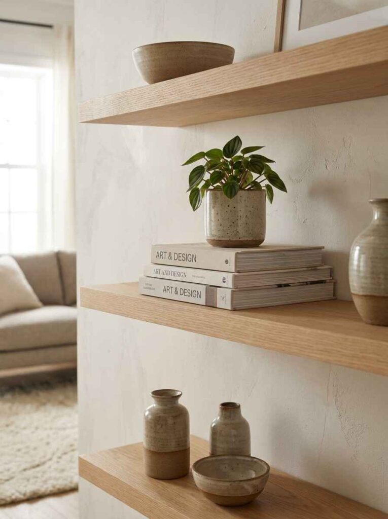 Floating wooden shelves with decor 202607032235