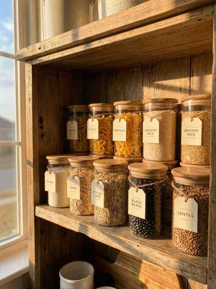 Glass canisters on pantry shelf 202607091956