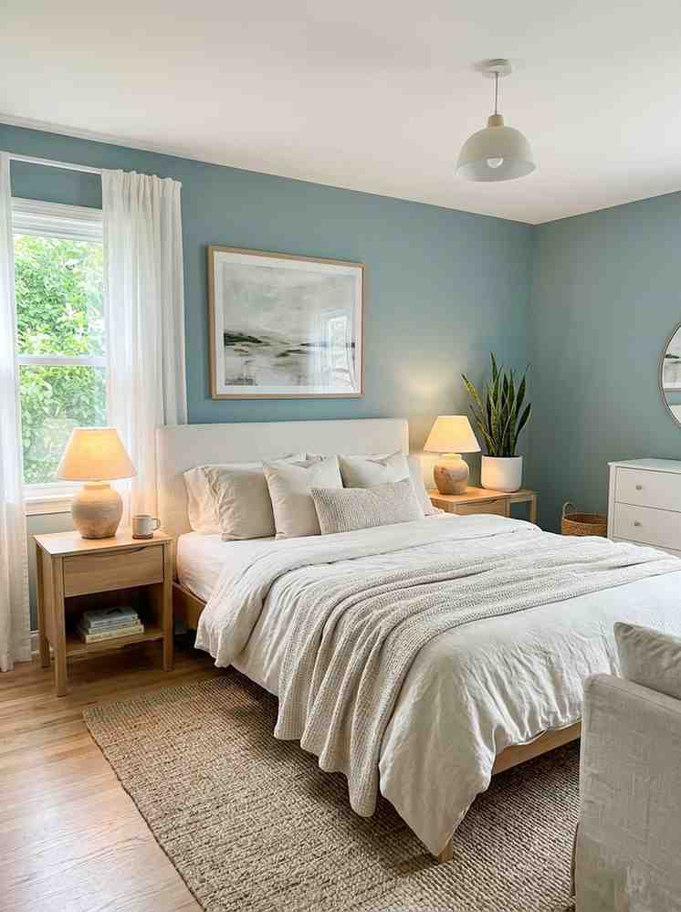 Guest bedroom with blue green walls 202607022331