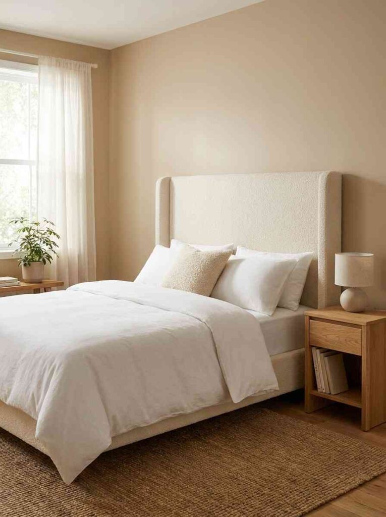 Guest bedroom with cream headboard 202607022323