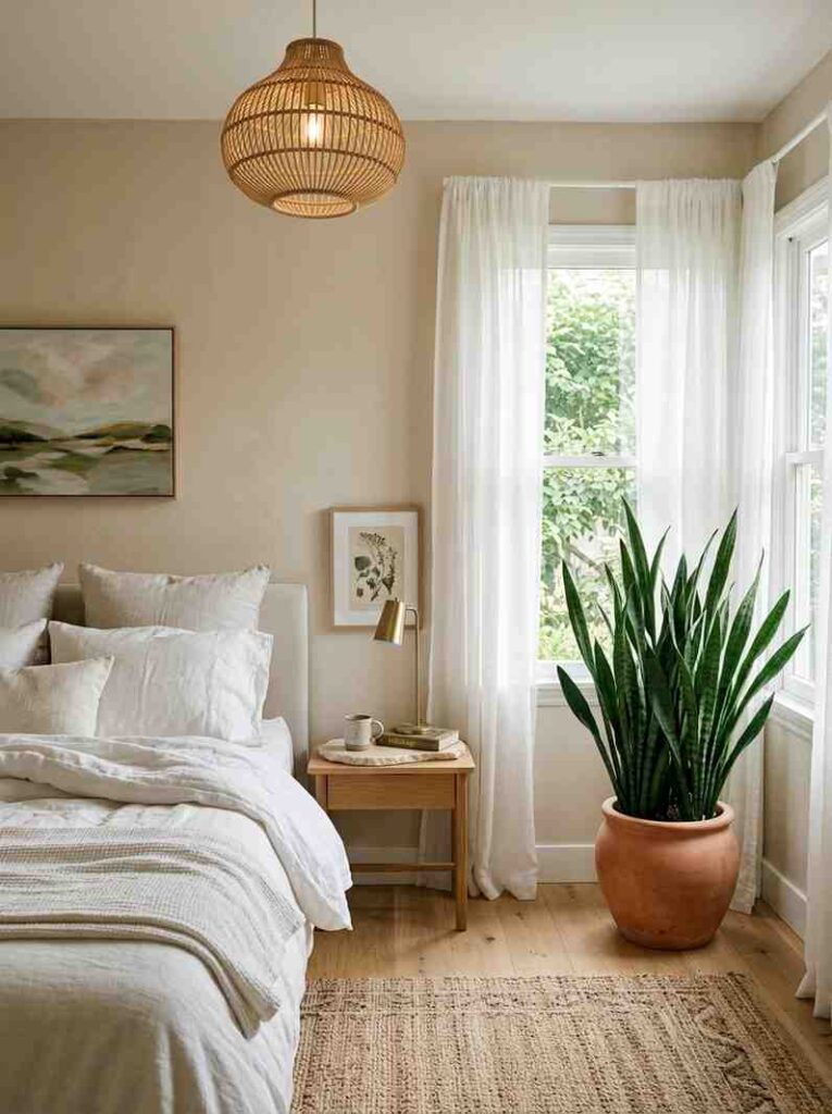 Guest bedroom with snake plant 202607022331