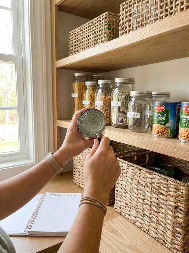 Hands organizing pantry shelves 202607101829