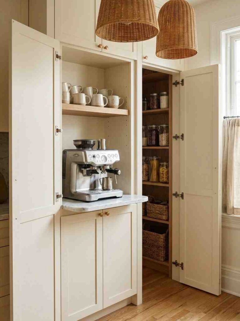 Kitchen cabinetry with open doors 202607121554