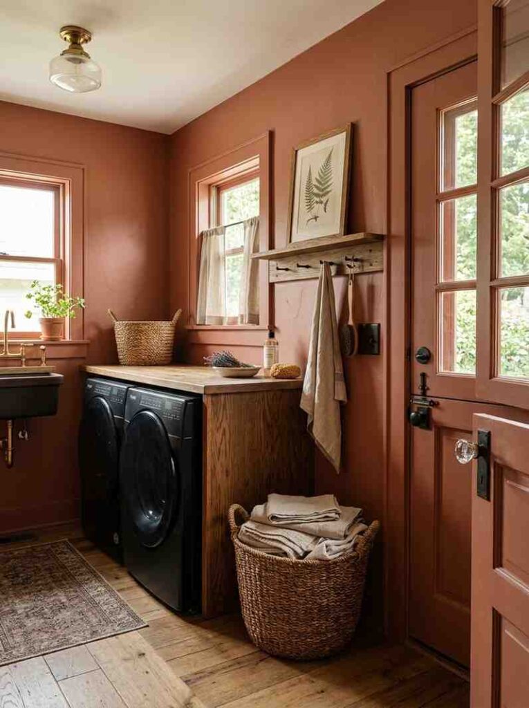 Laundry room with terracotta walls 202607162305