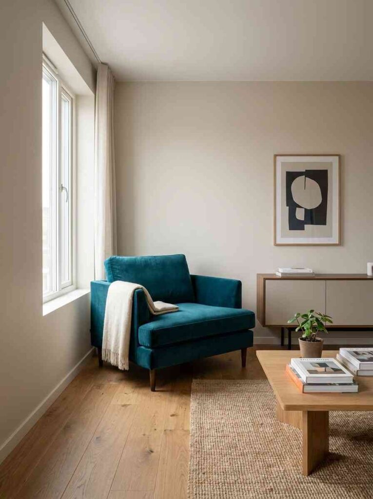 Living room with teal chair 202607032235