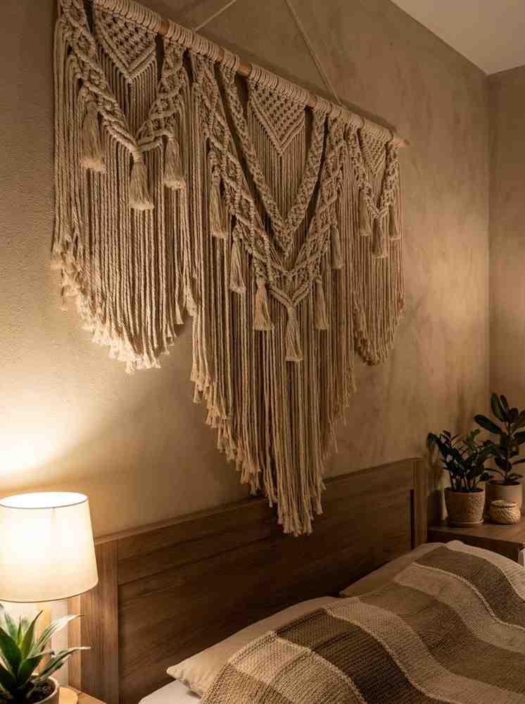 Macrame wall hanging above bed 202607051855
