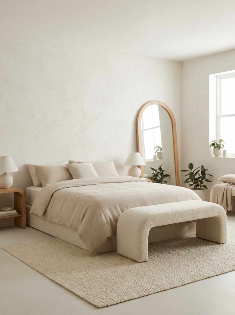 Minimalist bedroom curved bench bed 202607062310