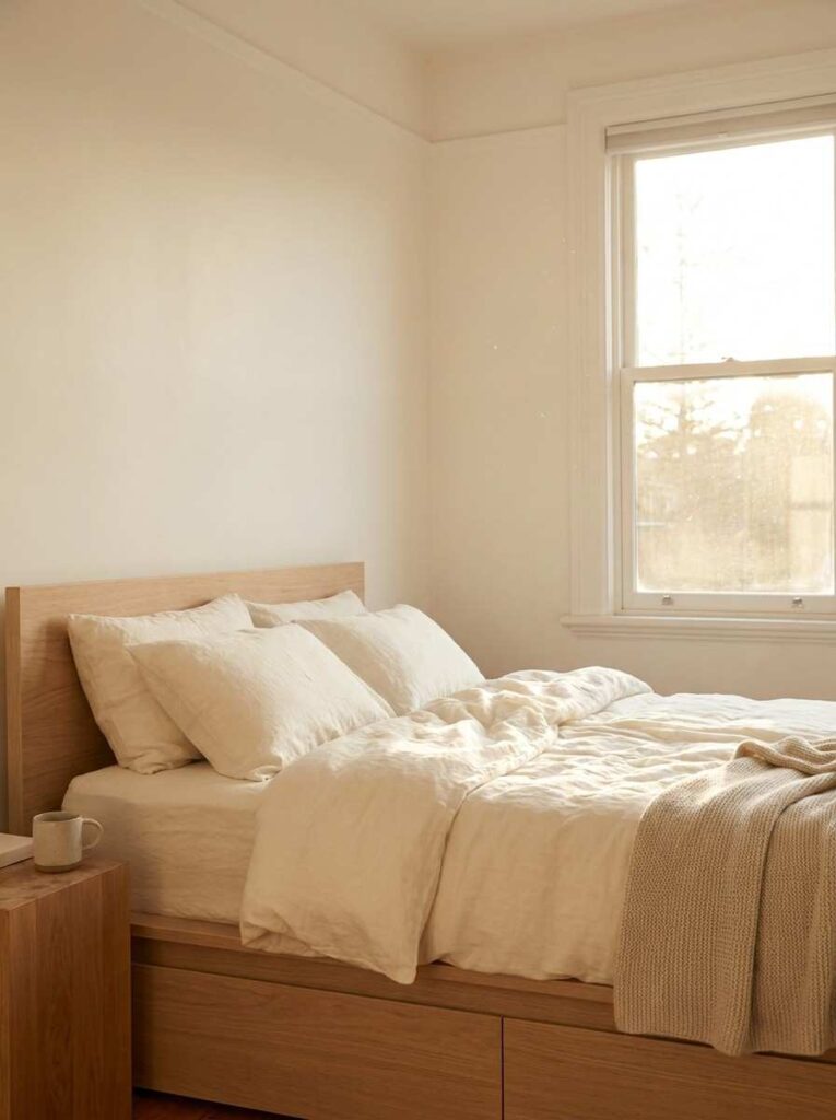 Minimalist bedroom warm sunlight 202607062310