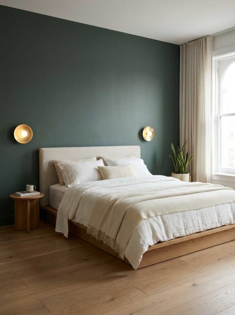 Minimalist bedroom with jade wall 202607062310