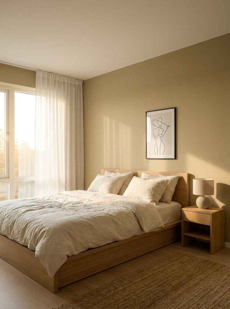 Minimalist bedroom with khaki walls 202607062310