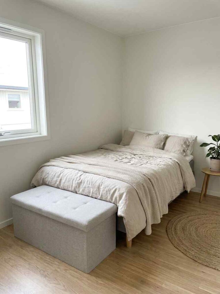 Minimalist bedroom with ottoman 202607062321
