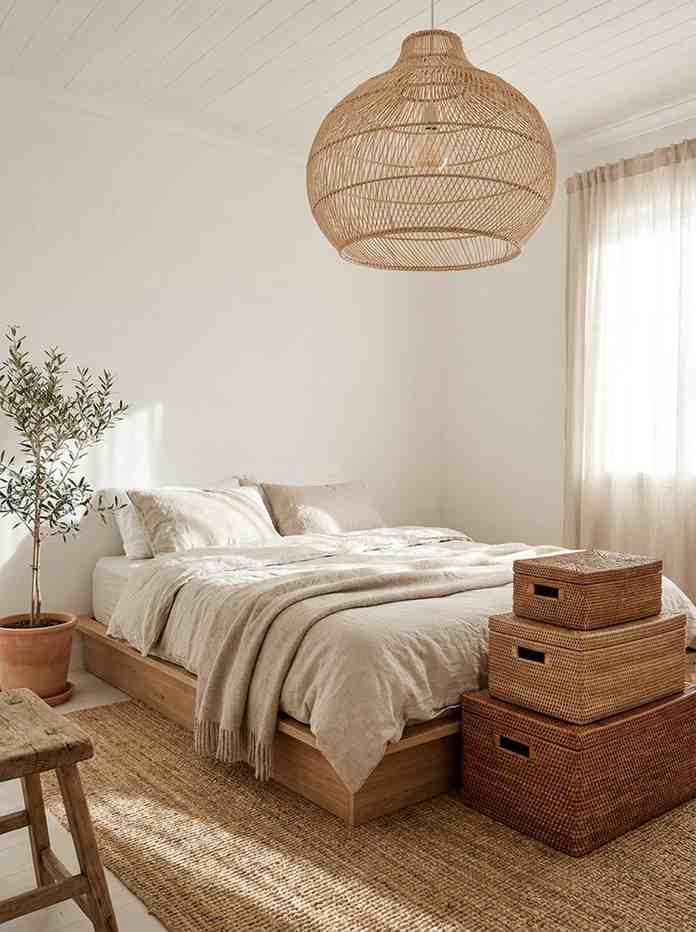 Minimalist bedroom with rattan b 202607062321