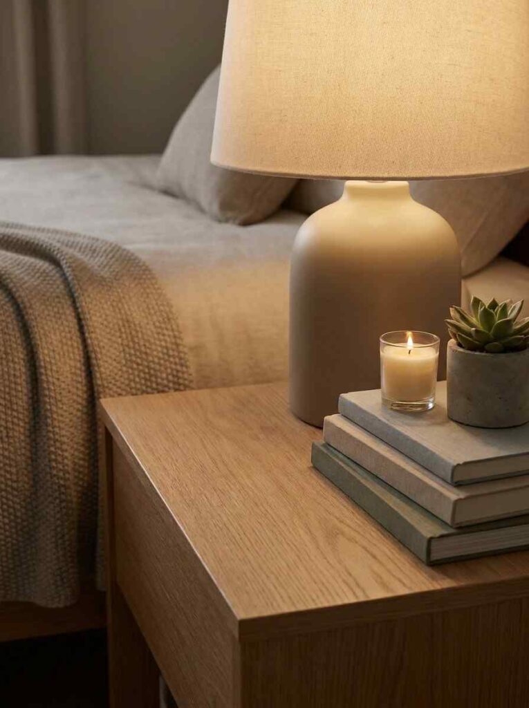 Nightstand with lamp books candle 202607051855