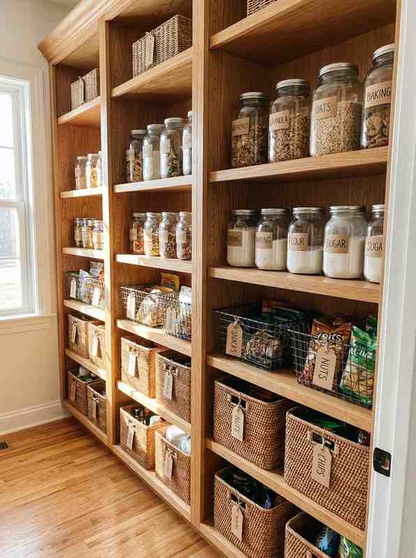 Organized pantry shelves labeled 202607101816