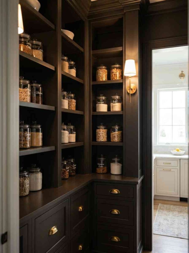 Pantry shelving with brass pulls 202607111348