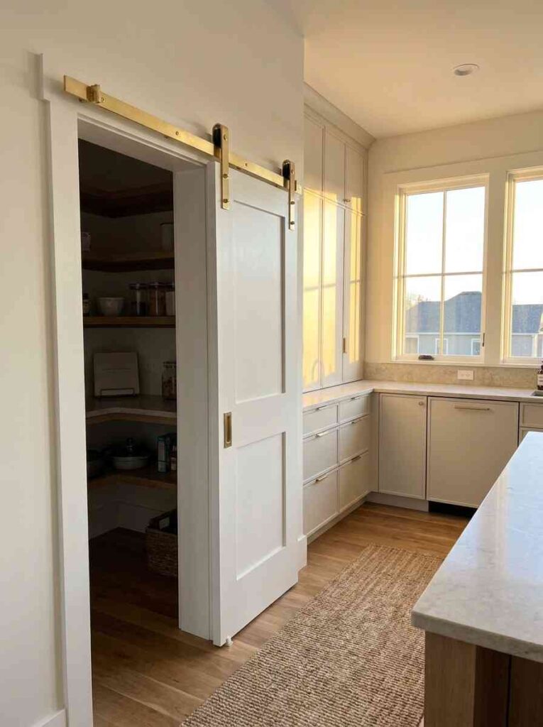 Pantry with white barn door 202607101829