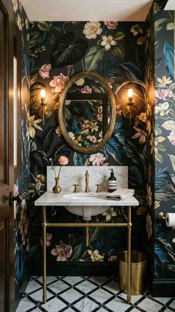 Powder room with botanical wallp 202607201712
