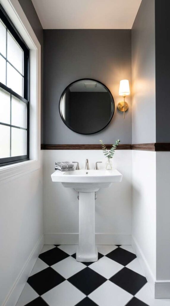 Powder room with checkerboard floor 202607191542