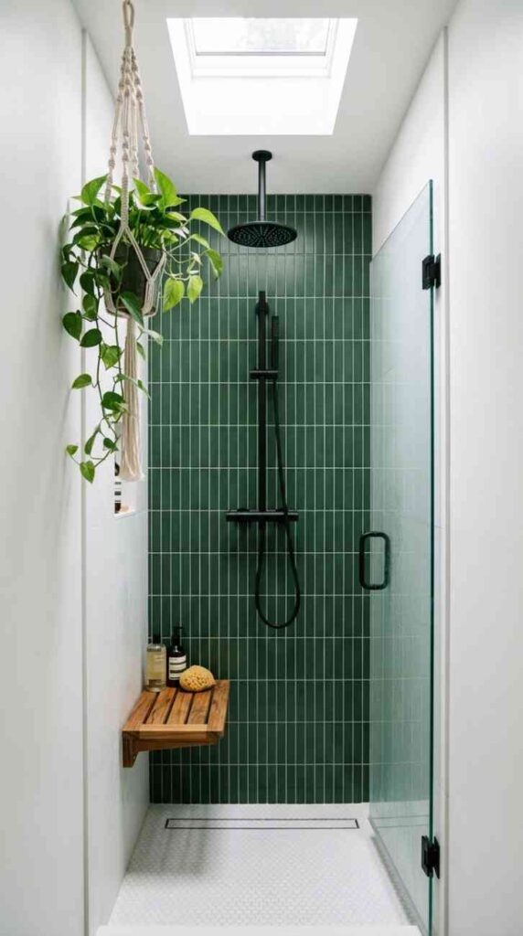 Small bathroom shower green tile 202607201712