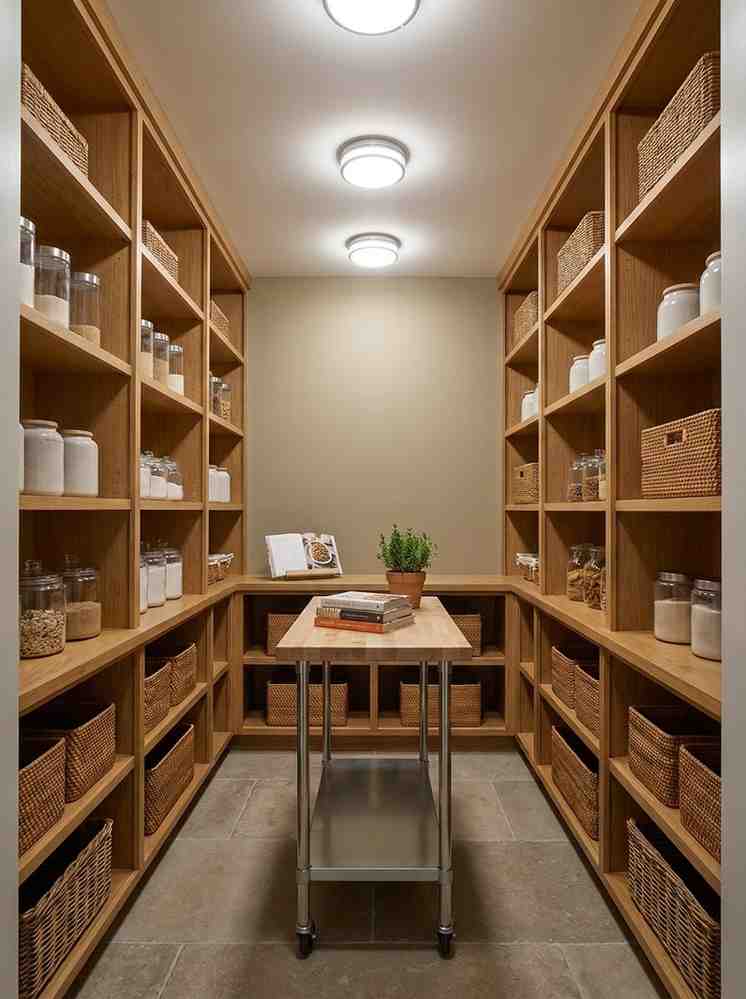 U shaped pantry light oak shelving 202607111348