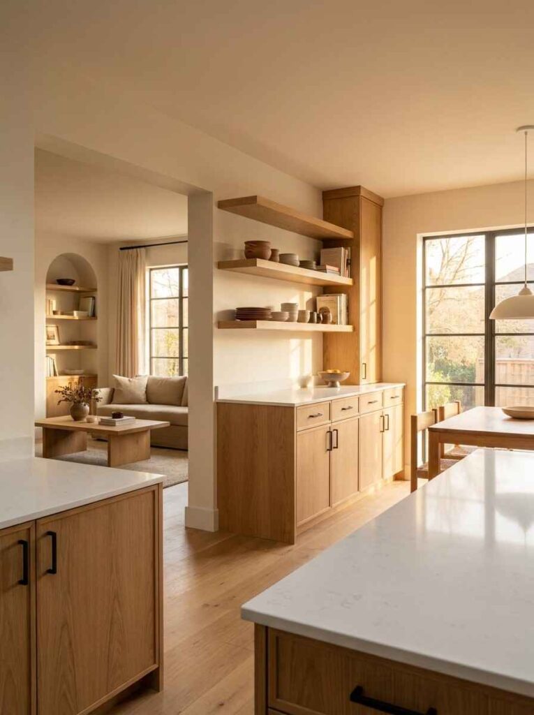 Open Concept Kitchen Remodel Idea in golden theme