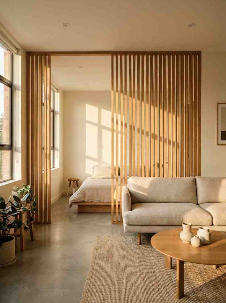 Wood room divider studio apartment 202607032235
