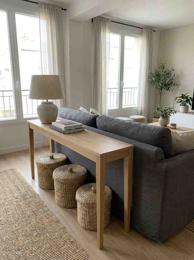 Wooden console table behind sofa 202607032235