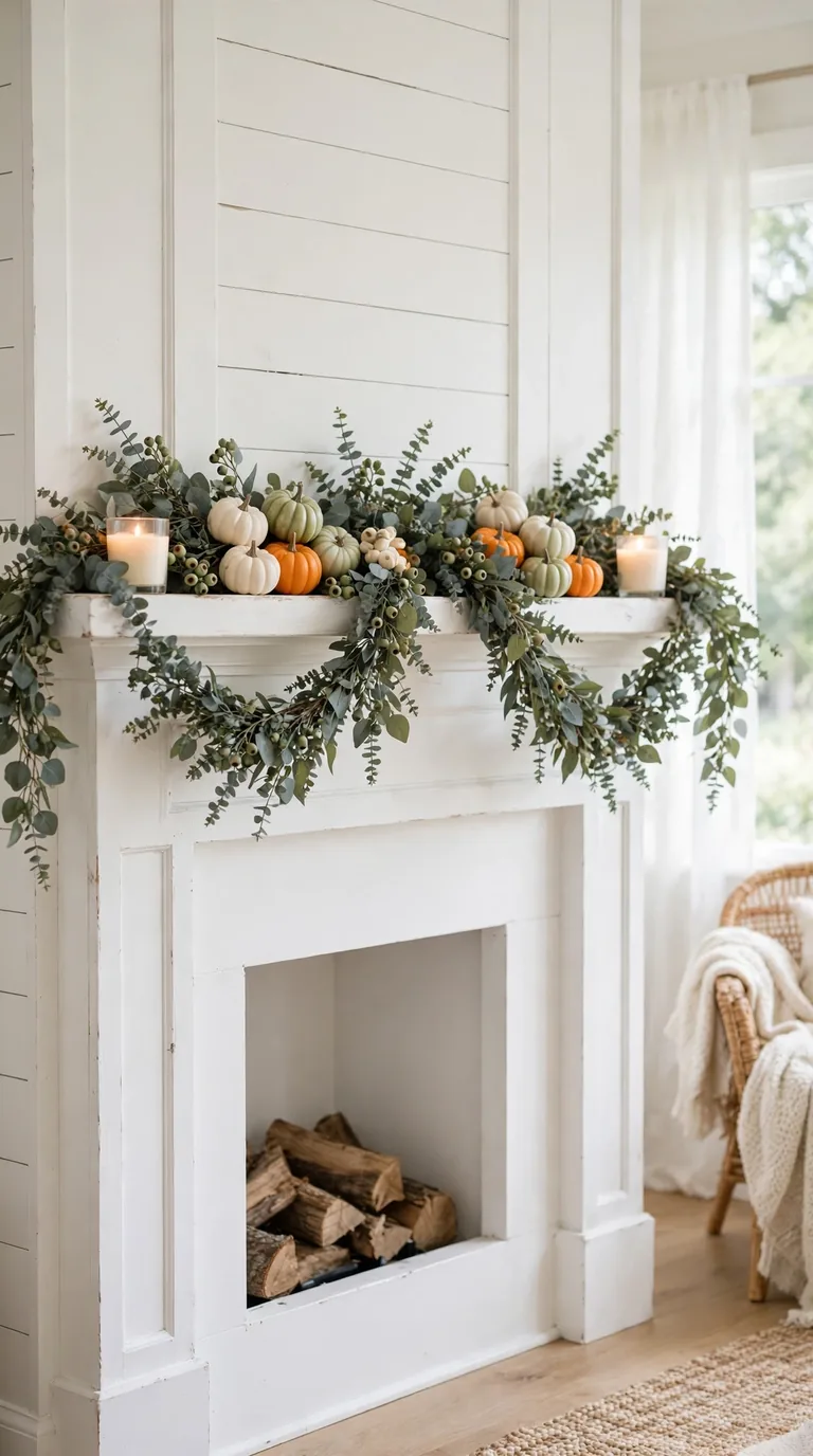 Thanksgiving mantel decor with a eucalyptus harvest garland and mini pumpkins