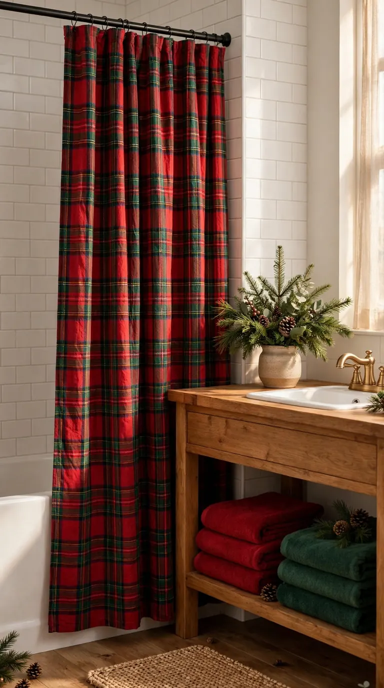 Cozy bathroom Christmas decor with a red and green tartan plaid shower curtain, white subway tiles and folded festive towels