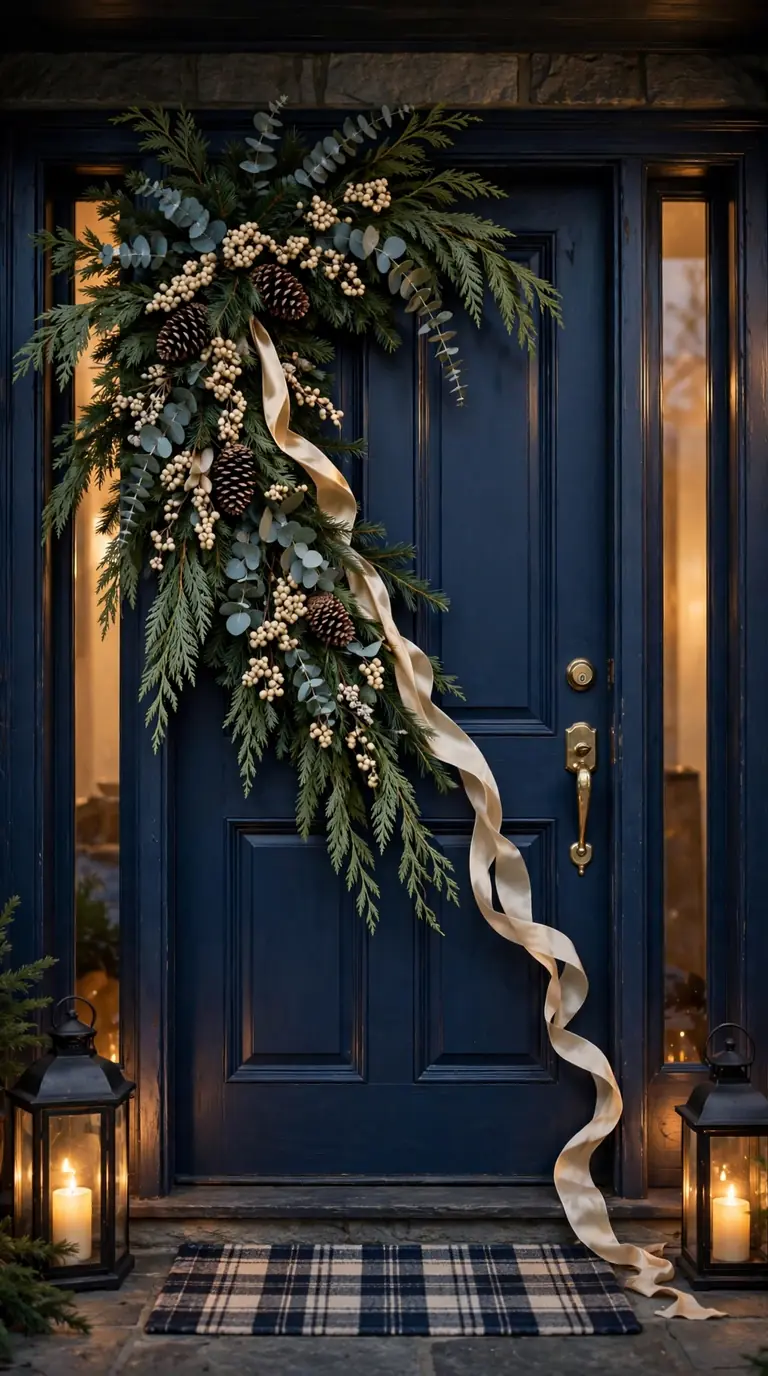 18 Christmas Porch Decor Ideas for a Magical Welcome Asymmetrical cascading Christmas door swag with cedar, pinecones and ribbon on a navy door